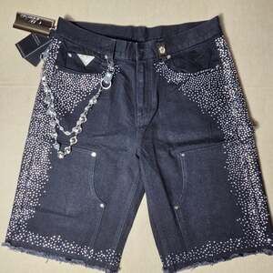 Watson Pearl Black Denim Shorts Rhinestone Studded NY Chain Mens Size 32 NWT